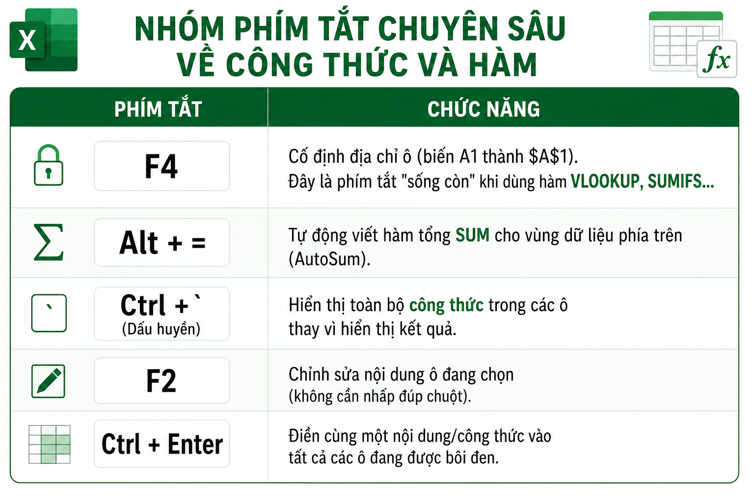 Các phím tắt chuyên sâu về công thức và hàm