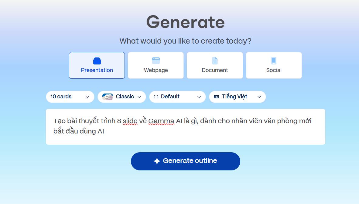 nhập câu lệnh phù hợp để tạo slide trong Gamma AI