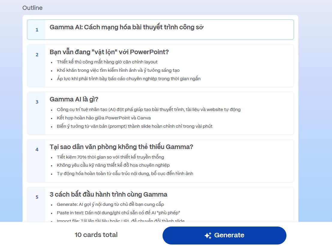 Gamma gợi ý outline của slide demo