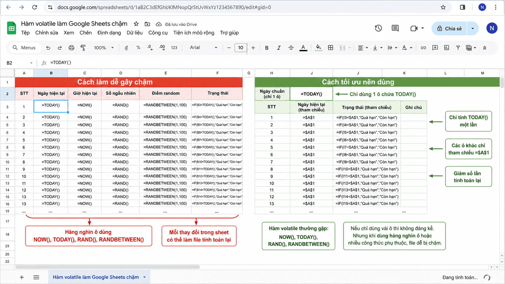 Dùng nhiều hàm volatile khiến google sheets tính toán liên tục
