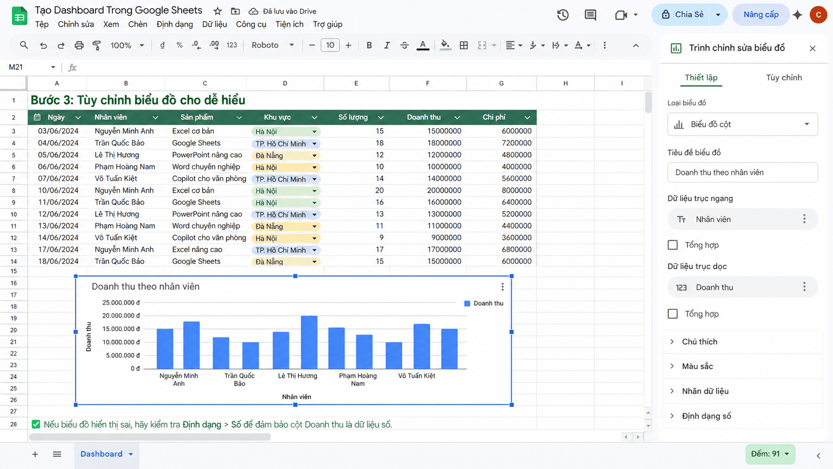 Tạo biểu đồ cột trong google sheets