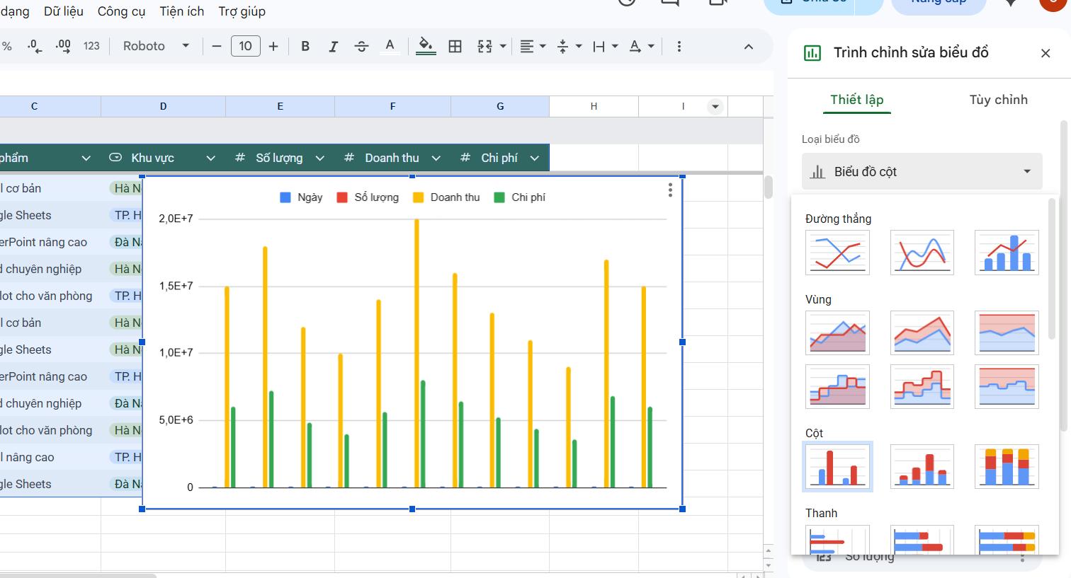 Cách chèn biểu đồ khi tạo dashboard trong Google Sheets